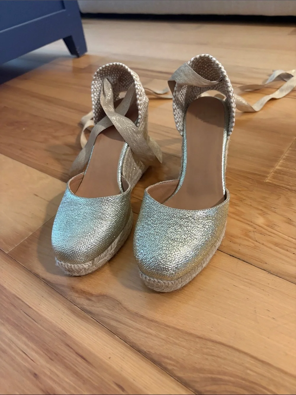 Castaner Gold Espadrille Wedge with Ankle Ribbon